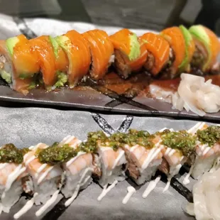 Tempura &amp; king salmon (up top) &amp; duo of shrimp with Chimichurri (bottom) SO GOOD