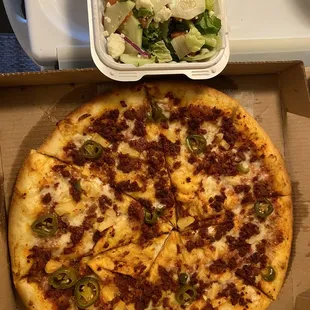 Chorizo pineapple jalapeño pizza with small salad