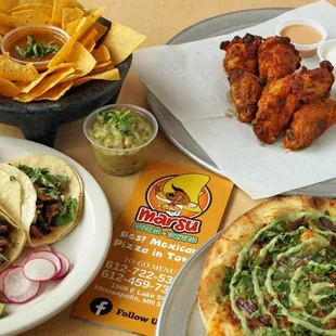 Chips ,wings, tacos and pizza and marsu