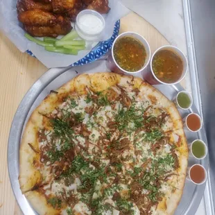 Bbq wings and birria pizza