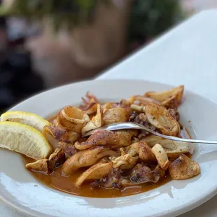 Grilled Calamari in a spicy sauce.