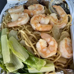 Garlic Noodles with Prawns, Teriyaki Chicken Meatballs and Stir-Fried Romaine Lettuce