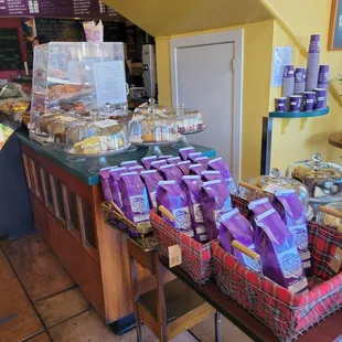 a display of coffees and pastries