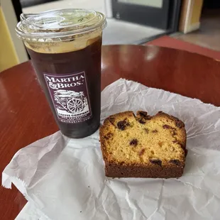 My morning Ice Americano with a cranberry bread.