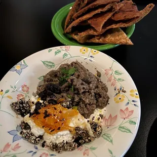 Dip Duo: Whipped Feta and Eggplant Dip. Served with sourdough pita chips.