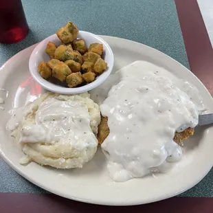 Country Fried Steak, Mashed Potatoes and fried Okra.