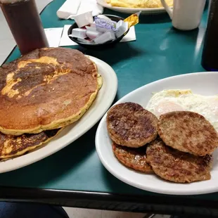 pancakes and eggs on a plate