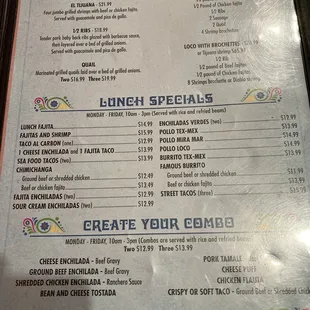 Menu with lunch specials