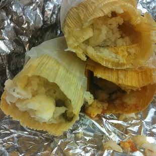 Chile cheese, chicken &amp; pork tamales.  Looks...crumbly.  :(