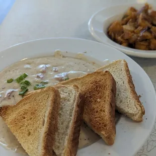 a plate of soup and toast