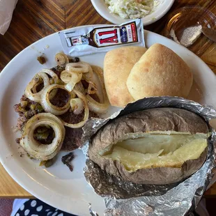 Hamburger steak potato rolls and cole slaw