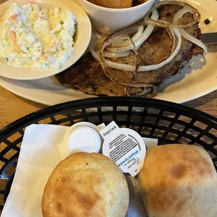Liver &amp; Onions, coleslaw, fried yellow squash, cornbread and roll.
