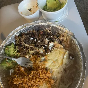 Ground Beef Burrito Bowl with a side of avocado and sour cream