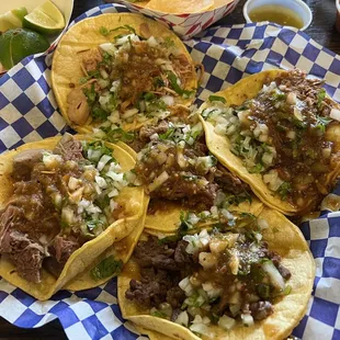 5 amigos top meats Asada, lengua, marinated chicken, marinated beef, carnitas