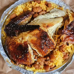 Rotisserie chicken ( so juicy and flavorful) ,rice and beans .