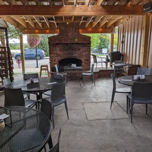 Exterior covered patio with fireplace