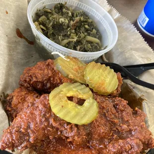 Hot chicken and turnip greens