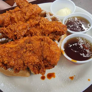 The classic chicken and waffles, Nashville hot