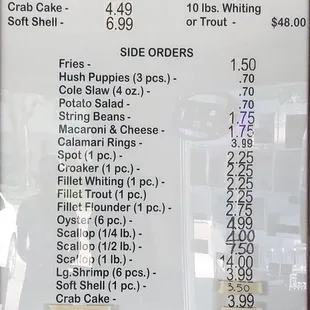 the price list for the restaurant