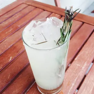 a glass with ice and a sprig of rosemary