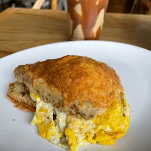 Scrambled egg and bacon and cheese scone