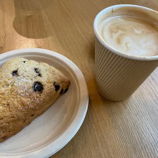 Vanilla Latte with Almond Milk and Blueberry Scone