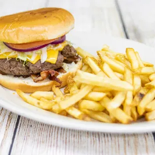 a hamburger and french fries