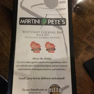 the menu for the drink