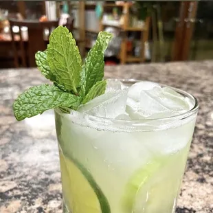 Made with gin, cucumber, mint, lime juice, and simple syrup
