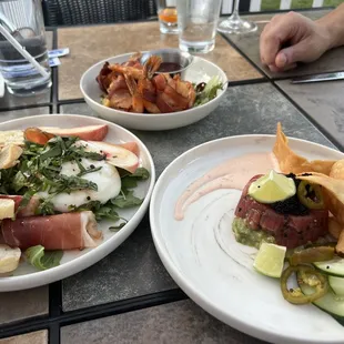 Apps! Ahi tuna tartare (special), Burrata with Colorado peaches, and bacon wrapped shrimp. All so good and beautifully presented!