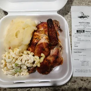 Delicious food and affordable   Half rotisserie chicken, yuca, and macaroni salad.