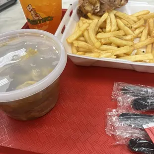 This was $21. Soup, soda, a piece of salty chicken, and fries.