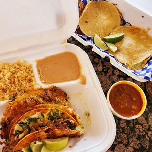 Queso birria taco plate, consome, carnitas mulitas, and salsa. Delicious!