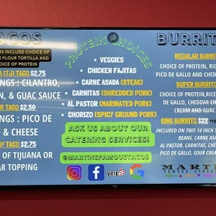 Menu with updated prices 7/23/22