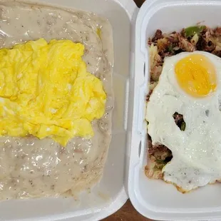 Biscuits and gravy, soft scrambled eggs.   Corned beef with Sunnyside up eggs and over cooked yolk.
