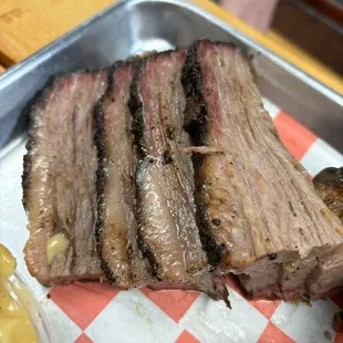 Brisket - tender and flavorful. Try the Carolina gold sauce.