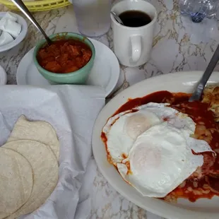 Enchiladas montadas, with chile colorado, corn tortillas and really good coffee