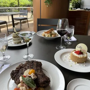 Steak, dessert, martini