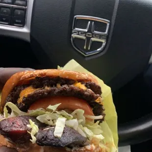 Double bacon cheeseburger with added hot link