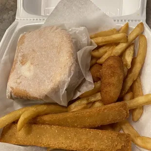 Fries, fried corn bread.