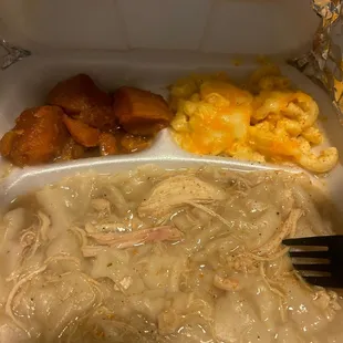 Chicken &amp; Dumplings, sweet potatoes, Mac &amp; cheese