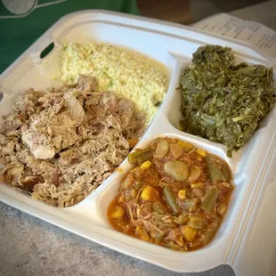 Small BBQ dinner with collards and stew