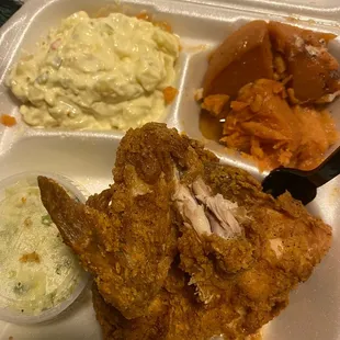 Fried Chicken. Slaw. Yams. Potato salad.