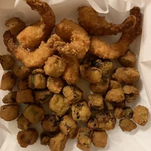 Kids shrimp plate with fried okra. Delicious!