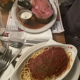 Applewood smoked prime rib Side of spaghetti