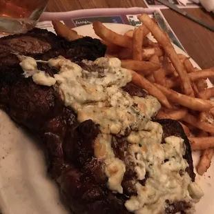 Ribeye with blue cheese and fries