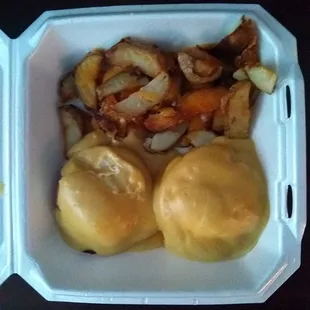 a meal in a styrofoam container
