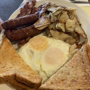 2 eggs over easy , toast, home fries , sausage , bacon