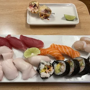 tuna, escolar, salmon, scallop, moon walking roll