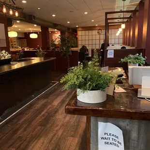 a view of a restaurant counter